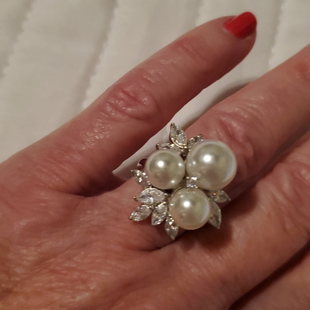 Sterling Silver Faux Pearl and Diamond Ring